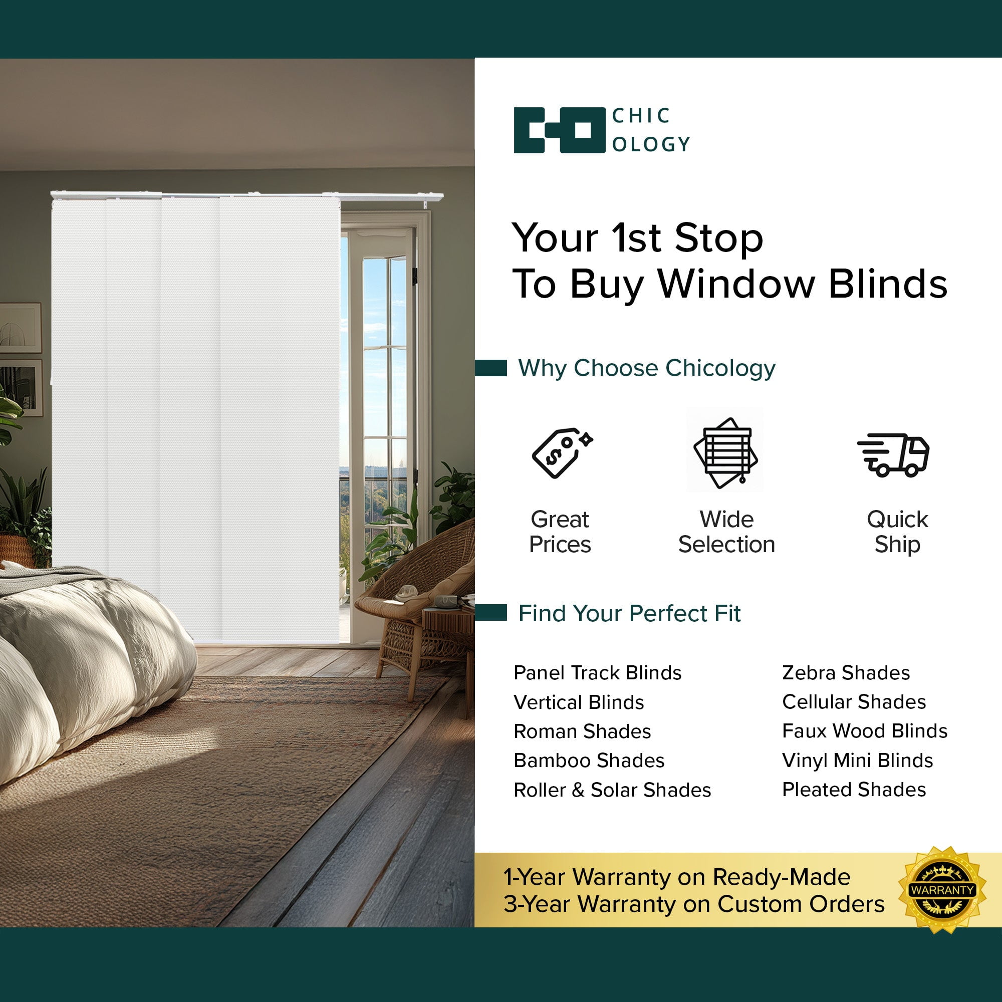 Chicology Adjustable Sliding Panel Blinds. Snow-bound, 46"-86"W X 0"-96"H