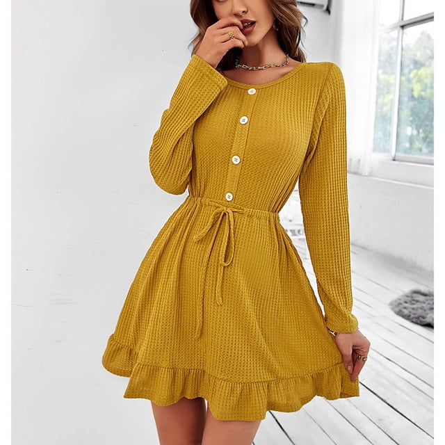 Vestido de punto de línea A Vestido de punto de manga larga Vestido de punto de botón de mujer Vestido de punto de cuello redondo de mujer Vestido de punto con cordón Vestido de ANGGREK Otros