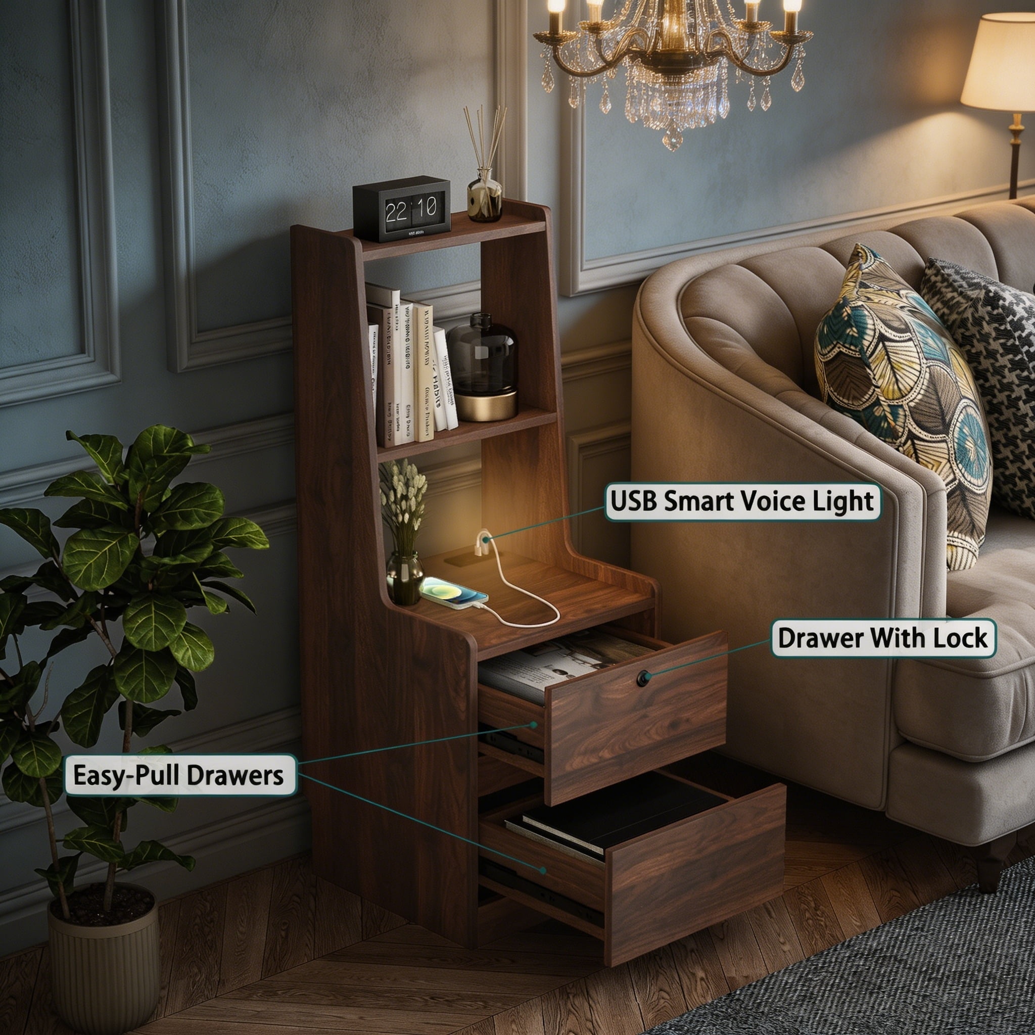 ANPPORT Modern Smart Nightstands Set of 2 with Night Light and Charging Station