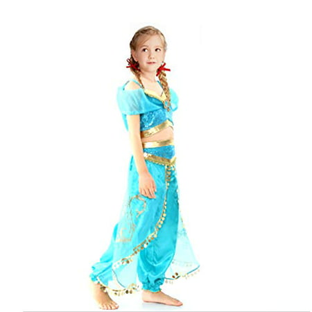 Little Girls Princess Dress Up Costumes Halloween Outfit for Toddle Cosplay Jasmine Party Fancy Belly Dance Dress (110cm/3-4Y, Blue Set)