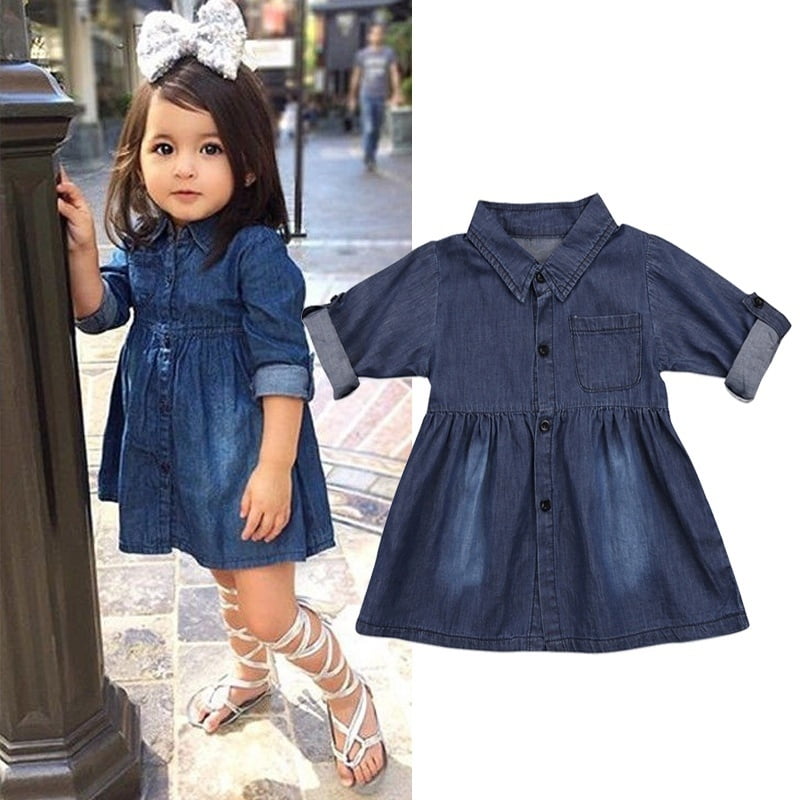 Toddler Infant Baby Girl Denim Dress Long Sleeve Party Pageant Dress Kid Clothes 