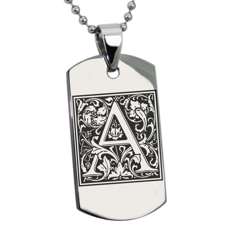 Stainless Steel Letter A Initial Floral Monogram Engraved Dog Tag Pendant
