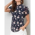 thumbnail image 2 of Blusa Floral De Gasa De Gasa Con Ojo De Cerradura En La Espalda De Manga Corta Con Volantes Para Mujer Azul oscuro S, 2 of 6