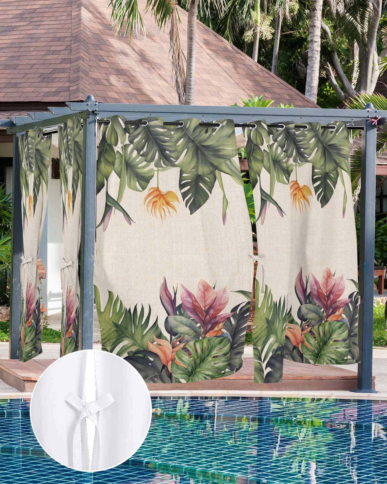 Outdoor Curtains for Patio, Palm Leaves Waterproof Blackout Outside Curtain for Porch/Pergola/Gazebo, Summer Botanical Tropical Plants Rustic Thermal Insulated Drapes, 2 Panels, 54 x 84 Inch