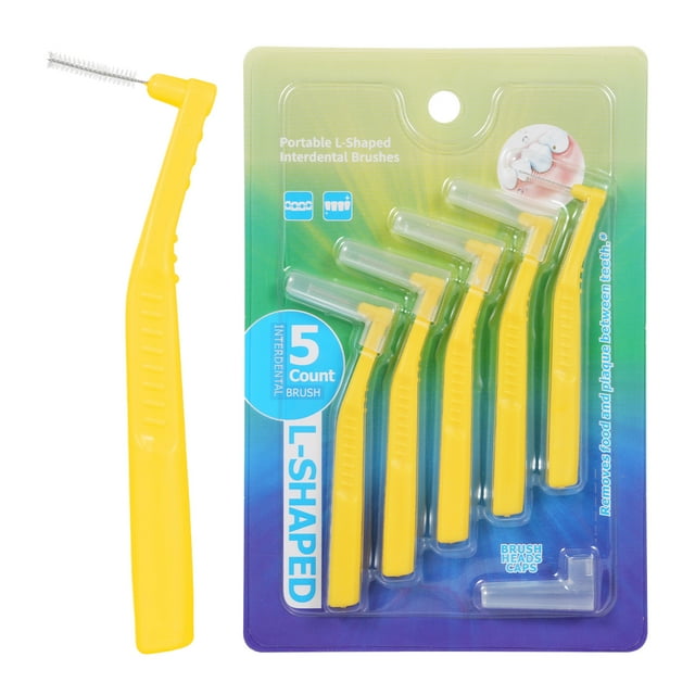 Lot de 5 Brosses Interdentaires en Forme de L, Taille SSS (0,7 mm) Jaune, Poils en Acier Inoxydable et Nylon, Manche en PP pour Soins Orthodontiques, Réutilisables avec Capuchons de Protection, Outils de Nettoyage d'Hygiène Buccale pour les Dents