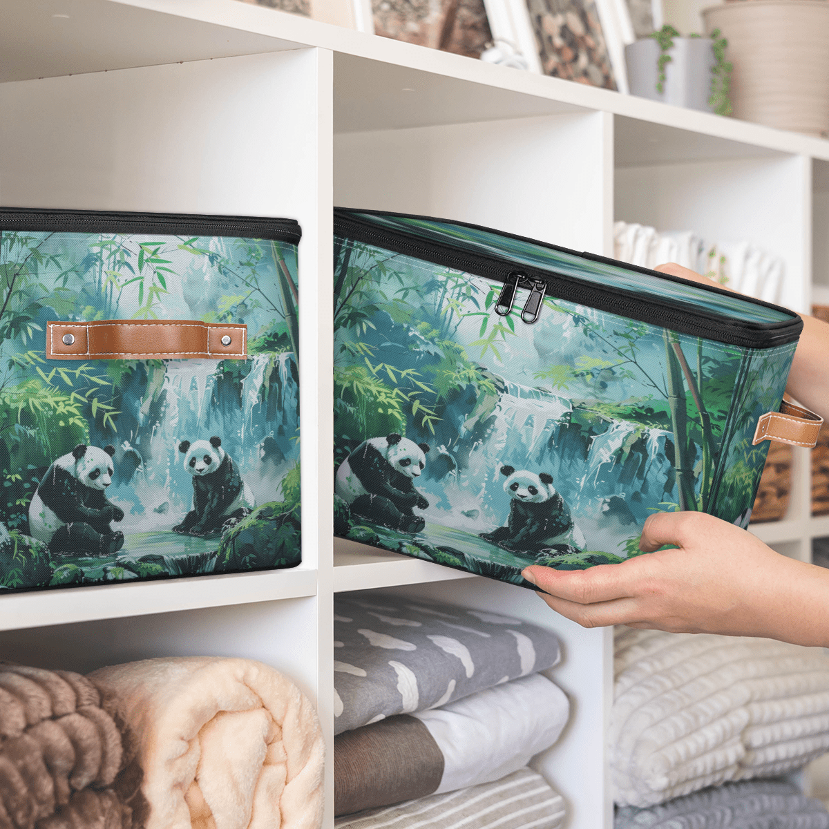 ADECORIVY Cute Panda Storage Bin with Lid Fabric Forest Bamboos Leaves Foldable Storage Baskets Boxes for Clothes Shelves Closet Organizer Containers with Leather Handles for Wardrobe