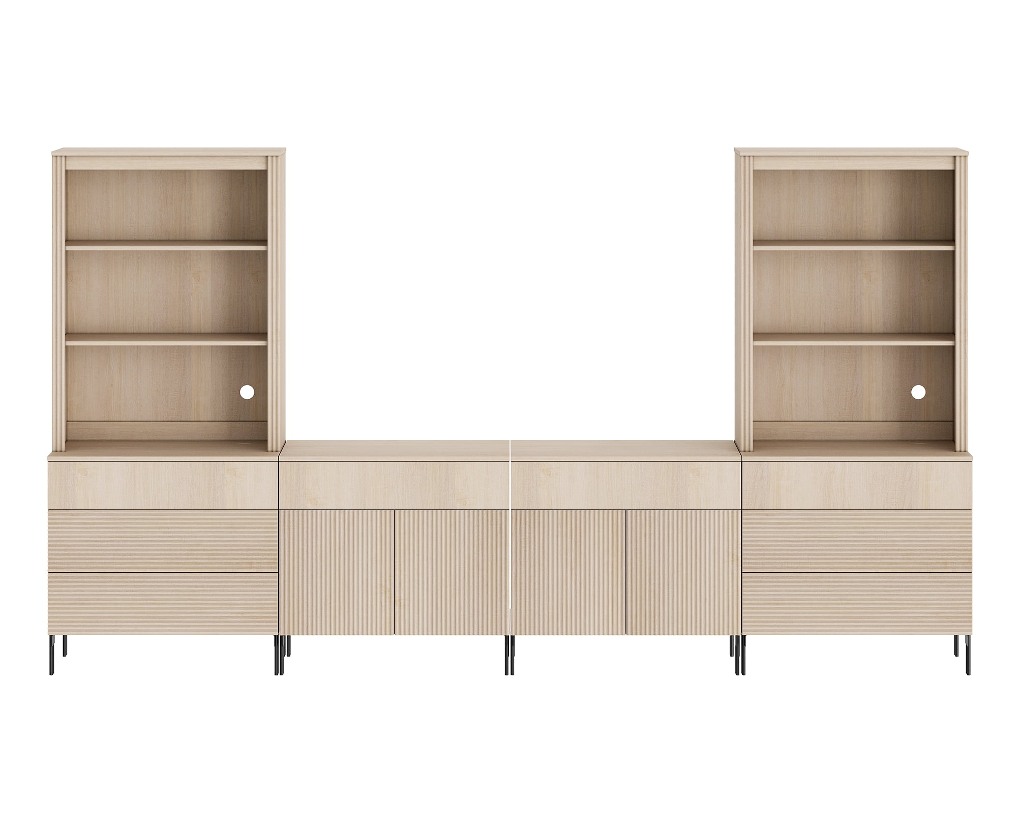 71" Tall Arched Kitchen Pantry Cabinet Set of 2, Wood Bookcase Display Cabinet With Drawers And Open Arched Shelves, Mid-Century Modern Versatile Cupboard For Dining Room, Bedroom
