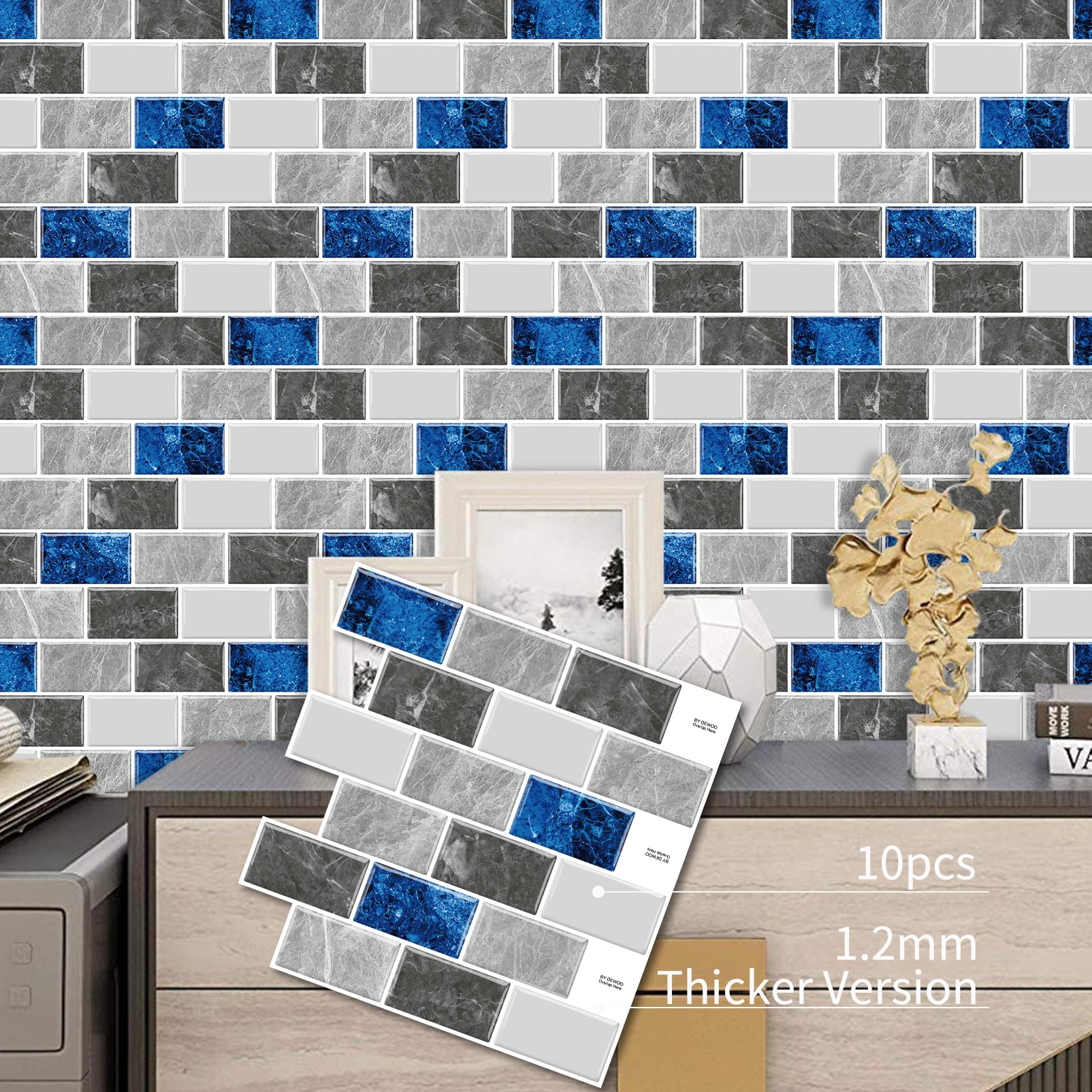 DEWOO Peel and Stick Backsplash - 10 Sheets of 12"×12" - 3D Adhesive Peel and Stick Tile Backsplash for Kitchen, Bathroom, Wall Tile, Blue Gray