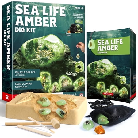 Piano Potato Sea Life Amber Dig Kit | Dig Kit for Kids | Glow in the Dark Fossil Dig Kit with Genuine Amber Sea Life Specimens & DIY Necklace Making STEM Archaeological Science Kit for Boys Girls