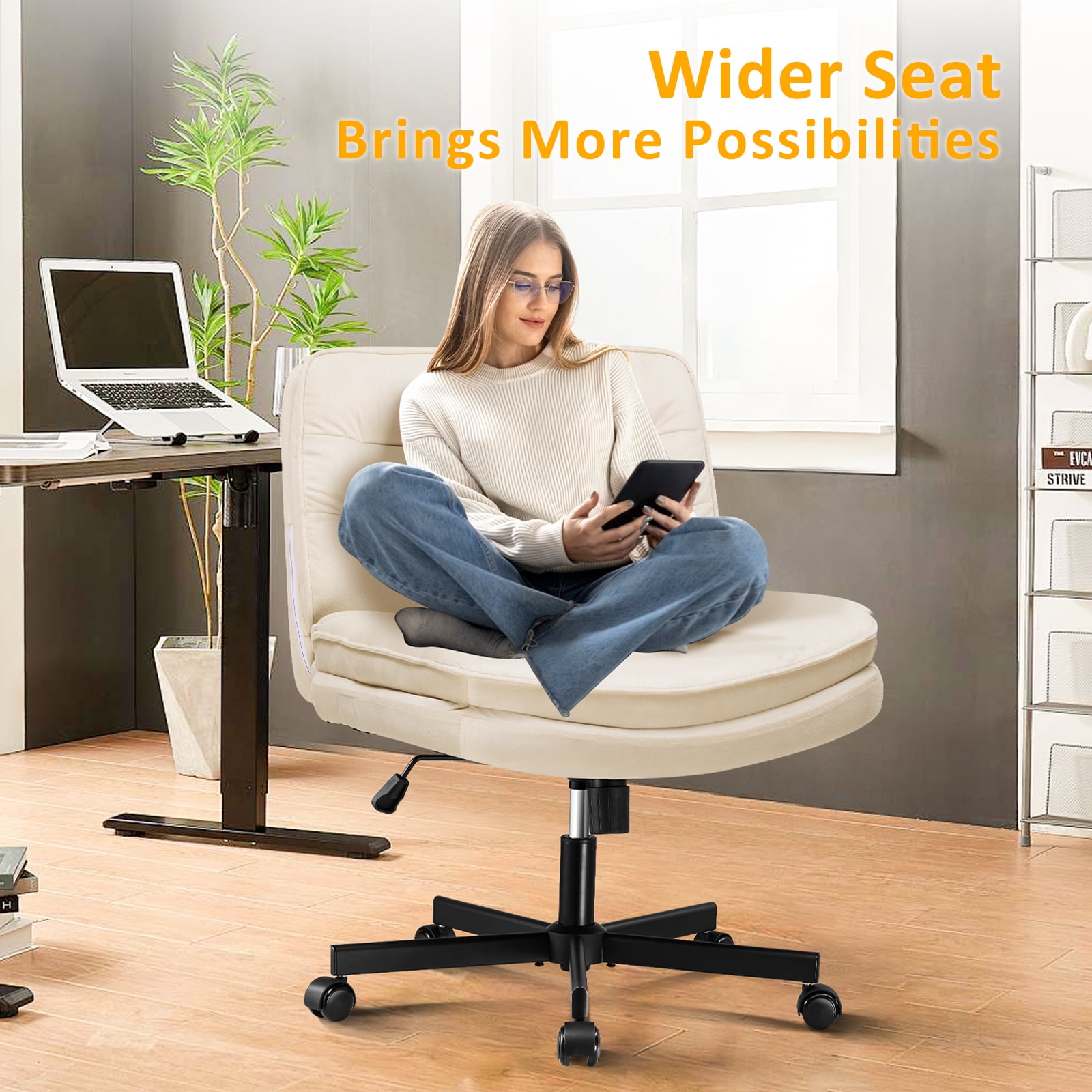 CloudRest Pro Armless Office Desk Chair, Criss Cross Swivel Chair with Wheels, Wide Seat Adult Vanity Chair for Home Office , Beige