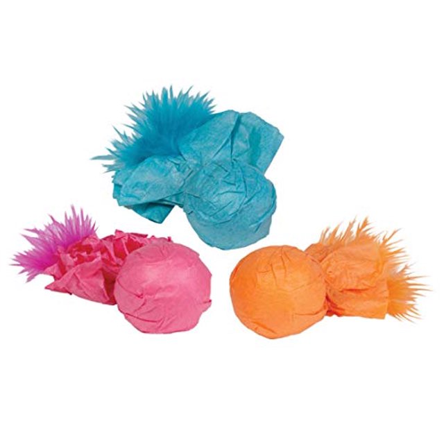 MPP Cat Toys Bright Paper Ball Rattlers Crinkle Feather and Catnip 3 Pack Rollers 3"