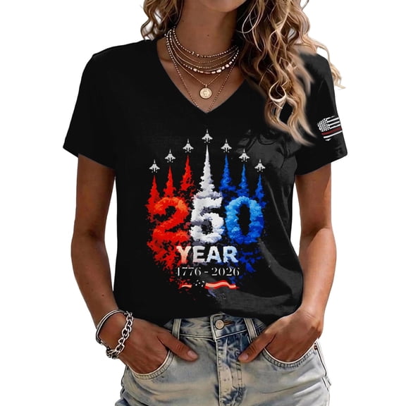 Womens 250th Anniversary USA Flag Printed Shirts V Neck Short Sleeve 4th of July Patriotic T Shirt 1776-2026 Independence Day Tees Black L