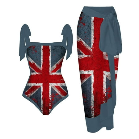 

LINMOUA Independence Day Women s Fashion Retro Printed Conservative One-piece Beach Dress Set (2 Piece Set With Bra Pads And No Steel Bra)