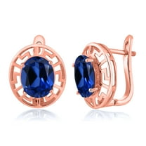 Gem Stone King 18K Rose Gold Plated Silver Blue Created Sapphire Greek Key Earrings for Women (6.60 Cttw, Gemstone September Birthstone, Oval 10X8MM)