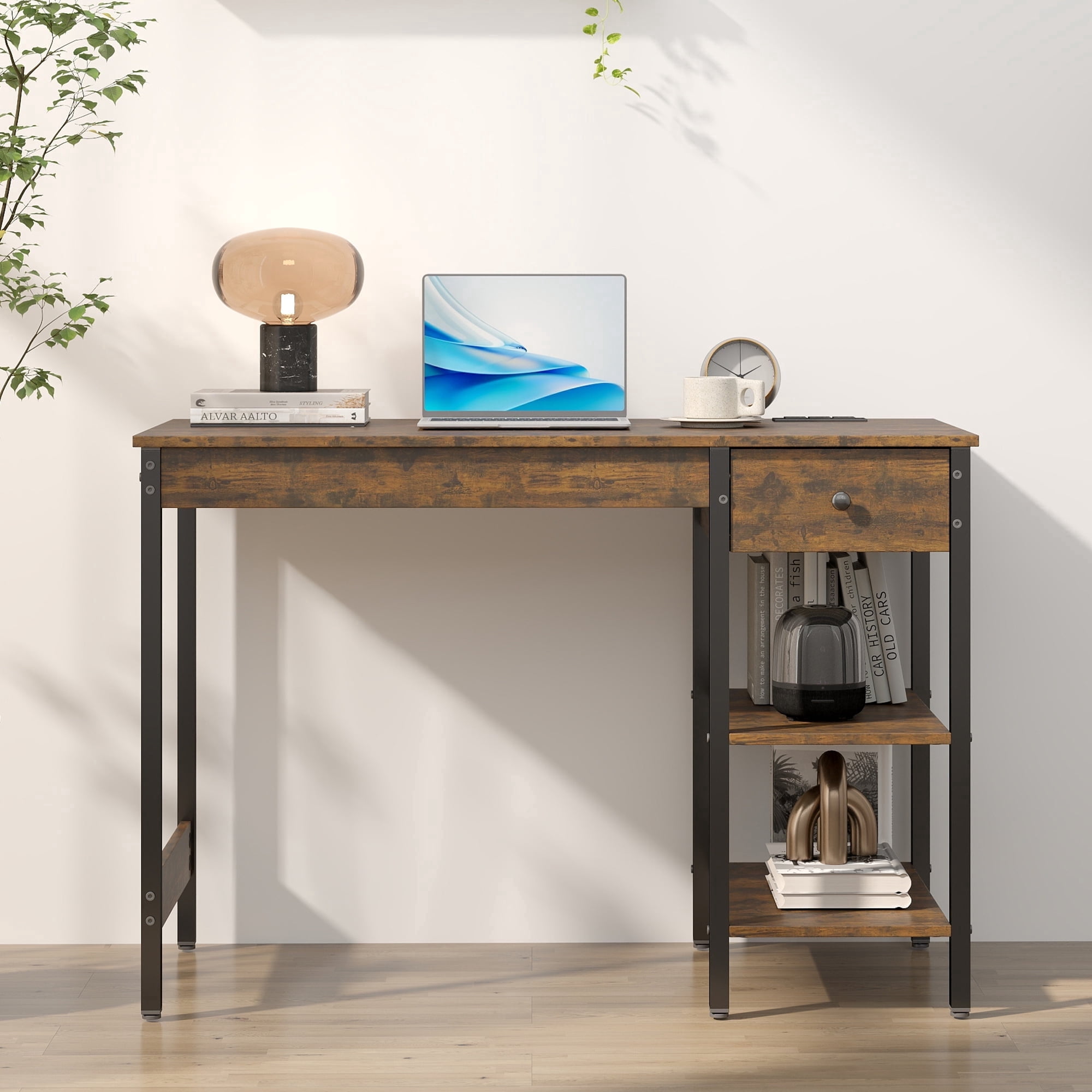 Manxile Computer Desk with Drawer & Open Shelves, Home Office Writing Desk Work Study Table for Small Space, Rustic Brown