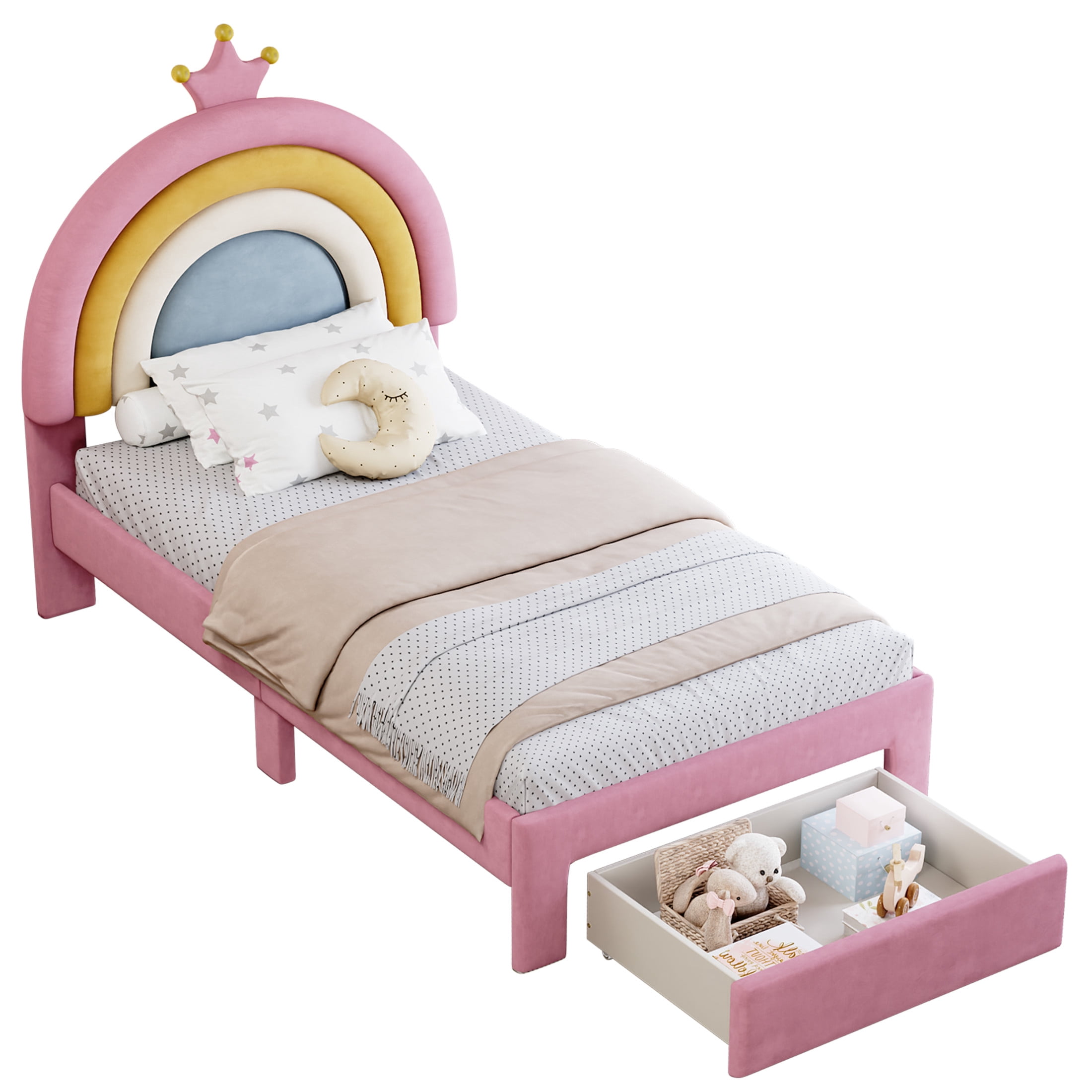 Noble House Twin Size Upholstered Rainbow Design Bed, Velvet Princess Platform Bed with Storage Drawer, Colorful & Pink