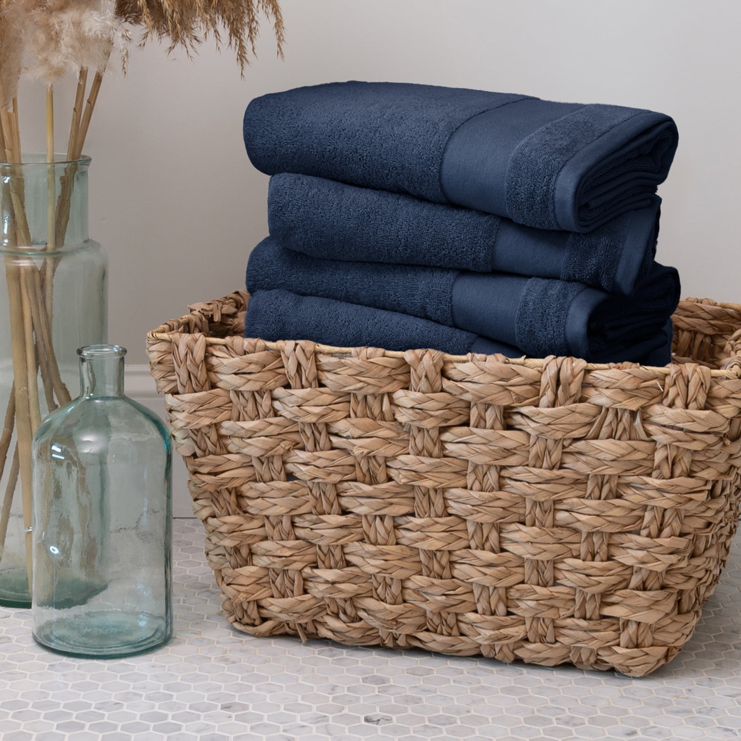 Noble Linens 4 Piece Farmhouse Cotton Bath Towel Set, Navy Blue