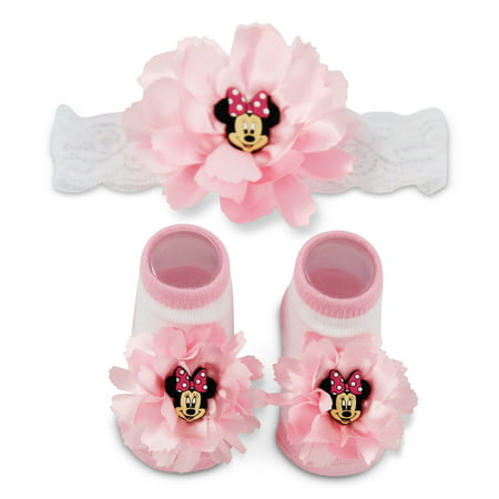 Disney Minnie Mouse Flower Headwrap and Booties Gift Set, Baby Girls, Ages 0-12M