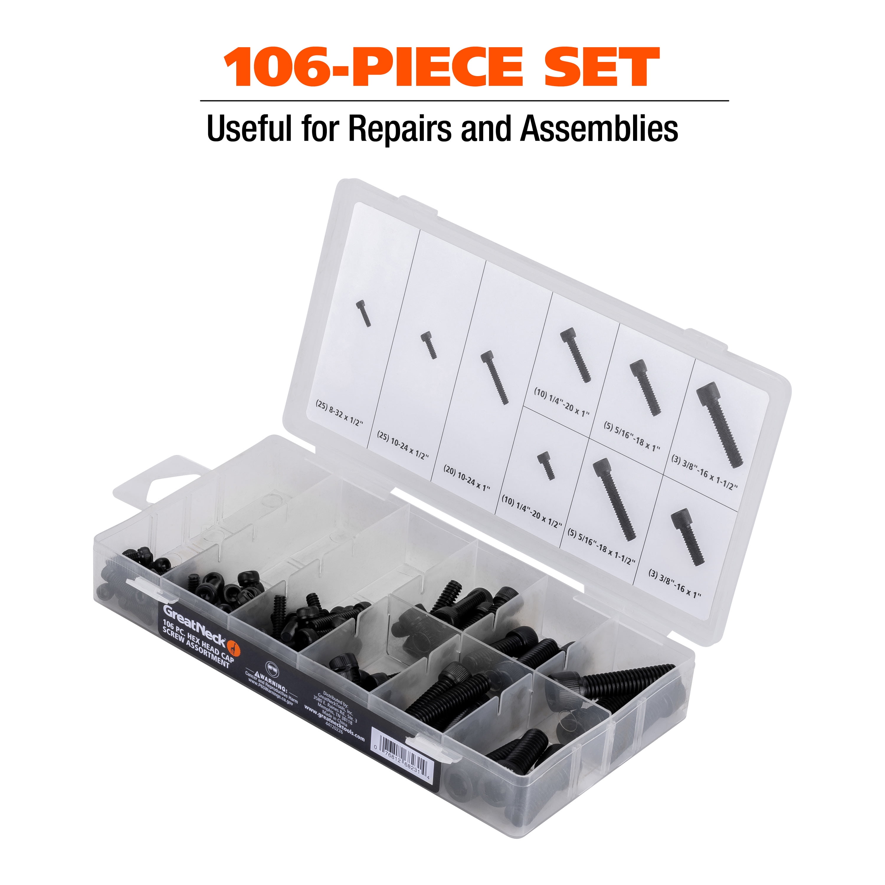 Great Neck Tools Hex Head Cap Screw Assortment, 106 Piece Set