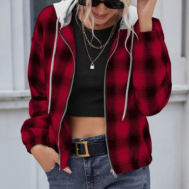 Puntoco chaqueta de mujer nuevo estilo camisa a cuadros suelta manga larga Casual cremallera chaqueta con capucha abrigo liquidación de Navidad Puntoco Puntoco-1735