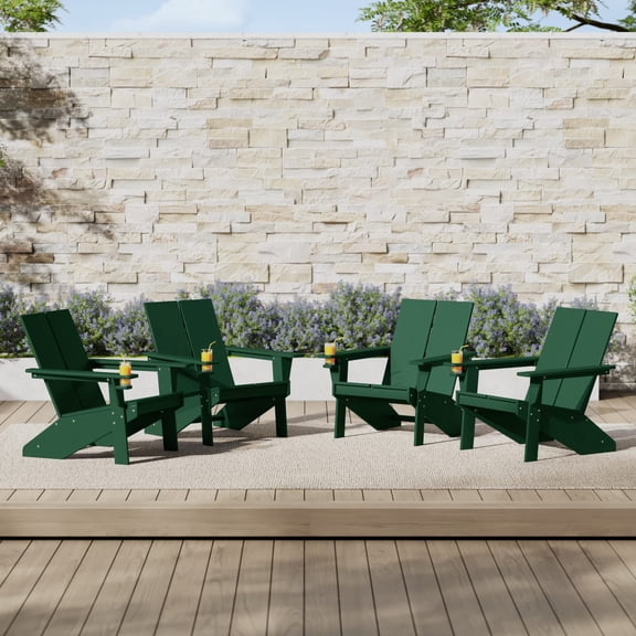 WestinTrends Riviera Outdoor HDPE Modern Adirondack Chair with Cup Holder (Set of 4), Dark Green