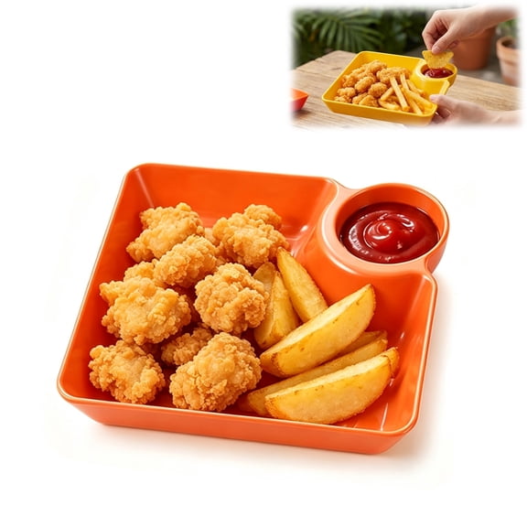 Plates with Dipping Section Cup, Snack & Appetizer Plate with Sauce Holder, Heat-Resistant PP Set for Dumplings Sushi Fries Fruit(Orange,1PC)