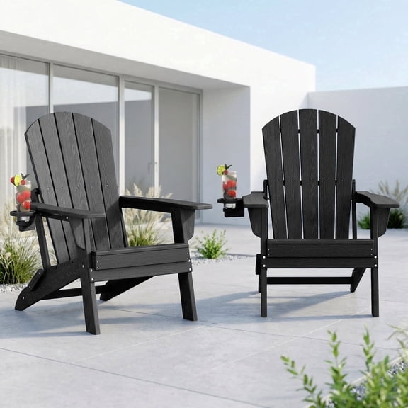 Cobiod Folding Adirondack Chairs With Cup Holder Set of 2, HDPE All-Weather Patio Chairs, Wood Grain Ergonomic Outdoor Chairs, Black