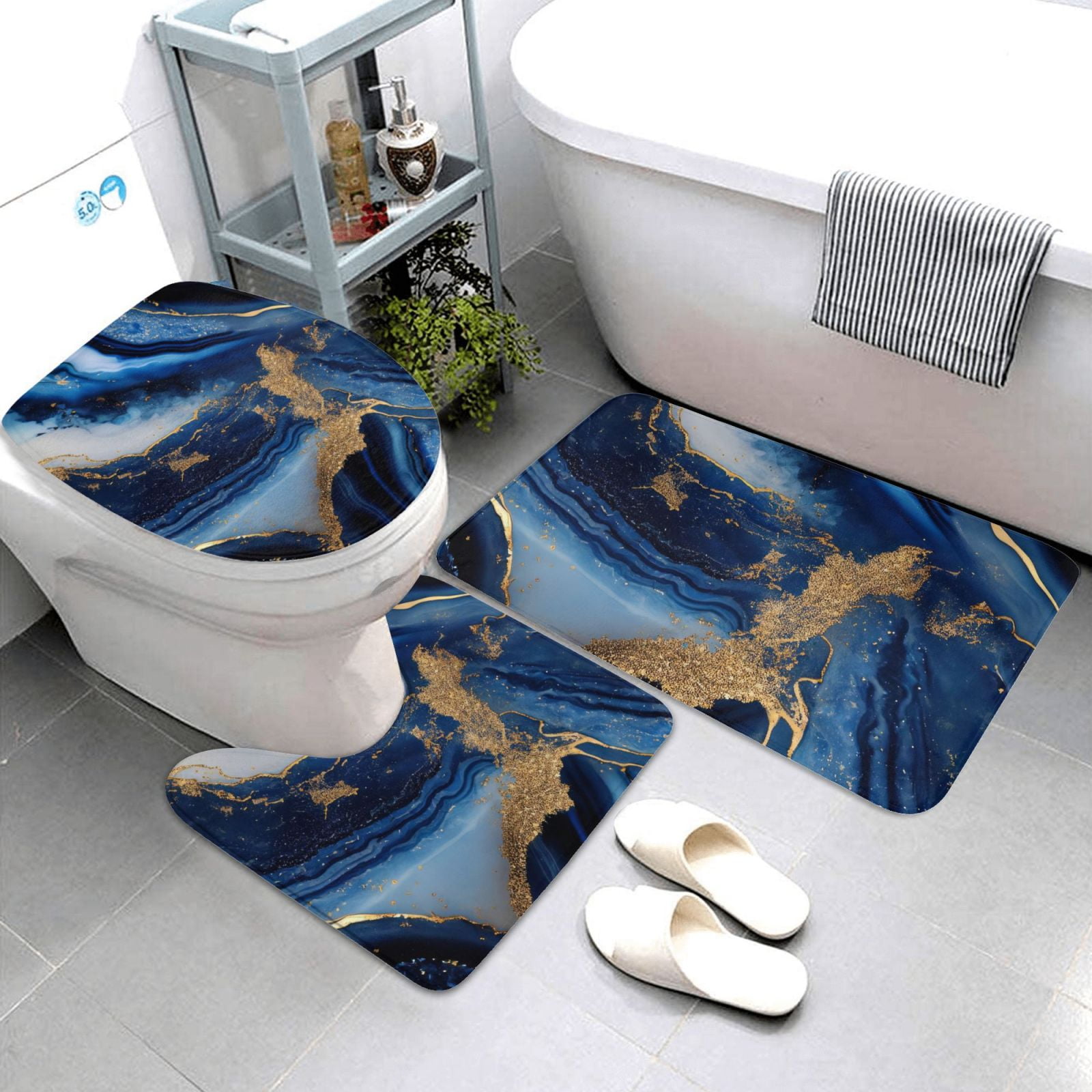 Bathroom Rugs Sets 3 Piece - Navy Blue Marble Absorbent Non Slip Bath Mats, U-Shape Toilet Lid Cover, Contour Mat, Soft Washable Shower Mats Bath Rug Mat for Bathroom Tub Toilet