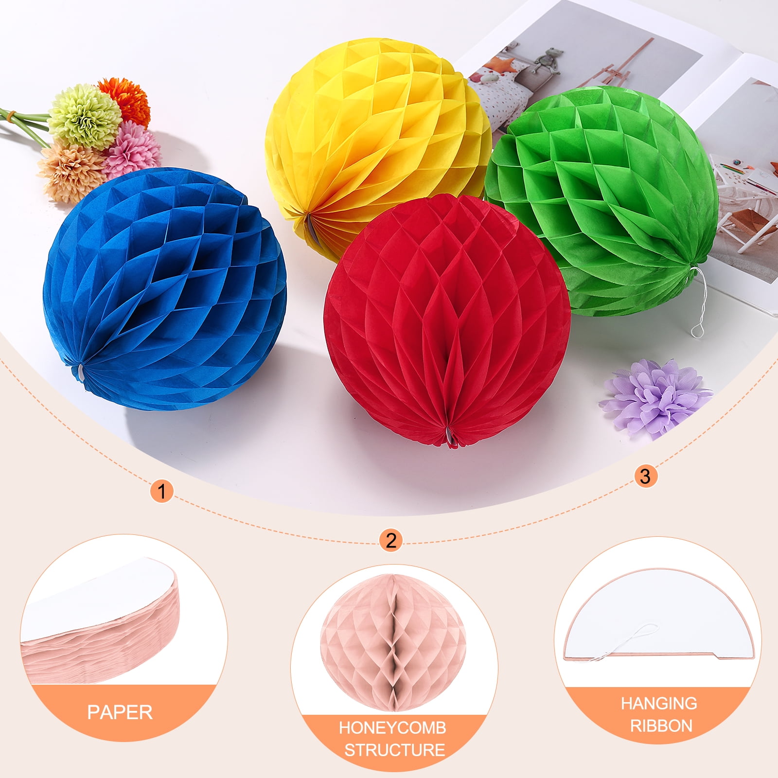 Uxcell 8 Pcs Honeycomb Balls, 10" Dia Honeycomb Flower Paper Pom Poms Paper Flowers Crafts for DIY Crafting Home Decor Birthday Christmas Party, Peach Pink