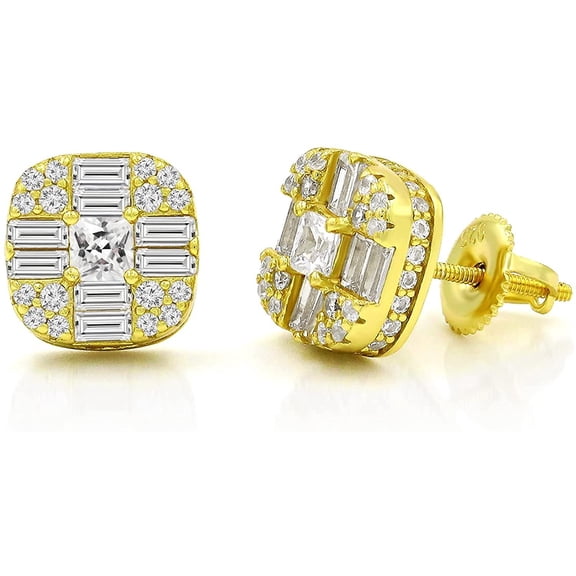 925 Sterling Silver Unisex Rounded Sqaure Princess Baguette 3D Screw Back Stud Earring, Men's, Women, Gold Plated Micro Pave CZ Cubic Zirconia, Giorgio Bergamo Gold