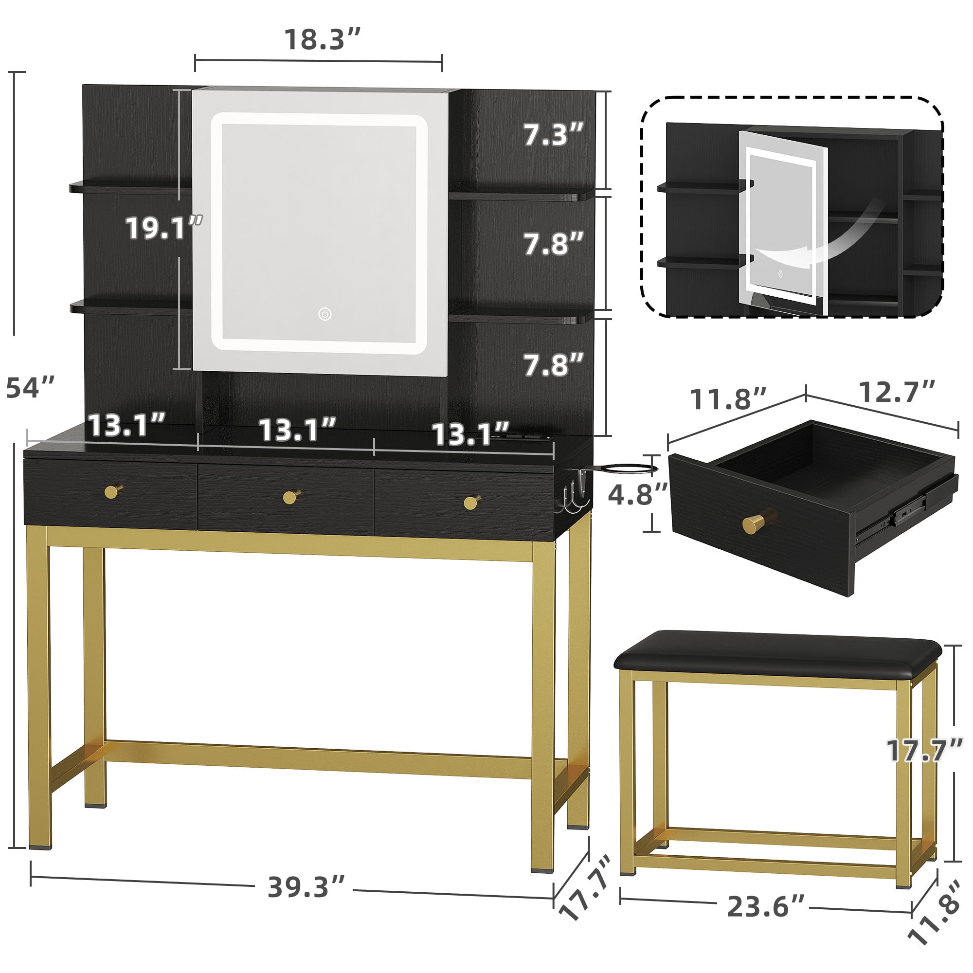 Uforic Makeup Vanity Set with LED Lighted Mirror, Makeup Desk with Drawers & Stool, Vanity Dressing Table with Hidden Storage Shelves, Makeup Dressing Table Set for Girls,Princess, Black