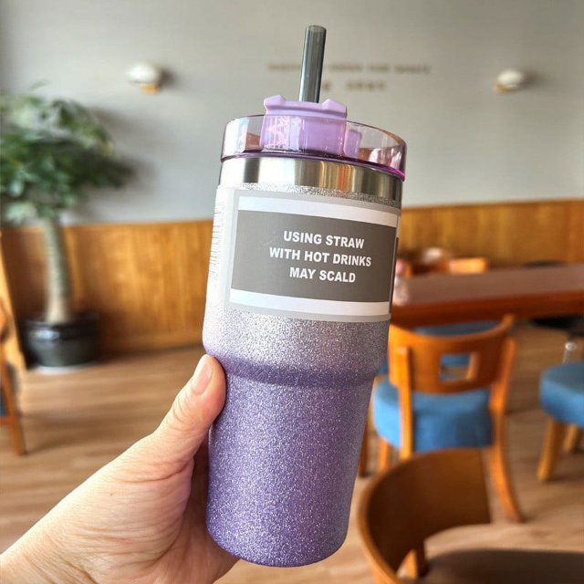Taza de acero inoxidable de doble capa con diseño de pintura de diamante para coche, taza para helado, cerveza y café con pajita