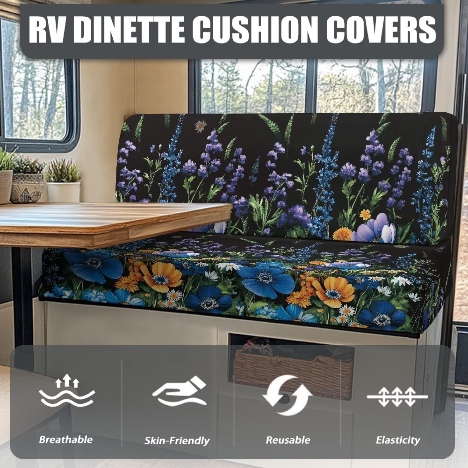 XYZCANDO Daisy RV Dinette Cushion Covers Camper Decor Stretchable Slip Covers for Loveseat Universal Bench Cushion Washable Sofa Covers for 2 Cushion Couch Camper Black
