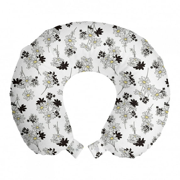 Floral Travel Pillow Neck Rest, Daisies Like Flower Types Drawn by Hand in a Romantic Style, Memory Foam Traveling Accessory Airplane and Car, 12", Charcoal Grey Yellow, by Ambesonne