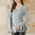 thumbnail image 5 of Elegant Glitter Tops Women Ruffled Long Sleeve V Neck Fitted Dressy Blouse Pleated Shiny Party New Year Eve Shirt (M, Gray), 5 of 8