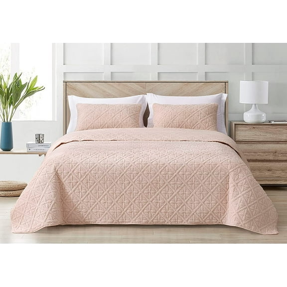 Chezmoi Collection Bethany 3-Piece Blush Queen Size Blanket Set Quilted Floral Sherpa Reversible Washed Microfiber Coverlet Bedspread Set