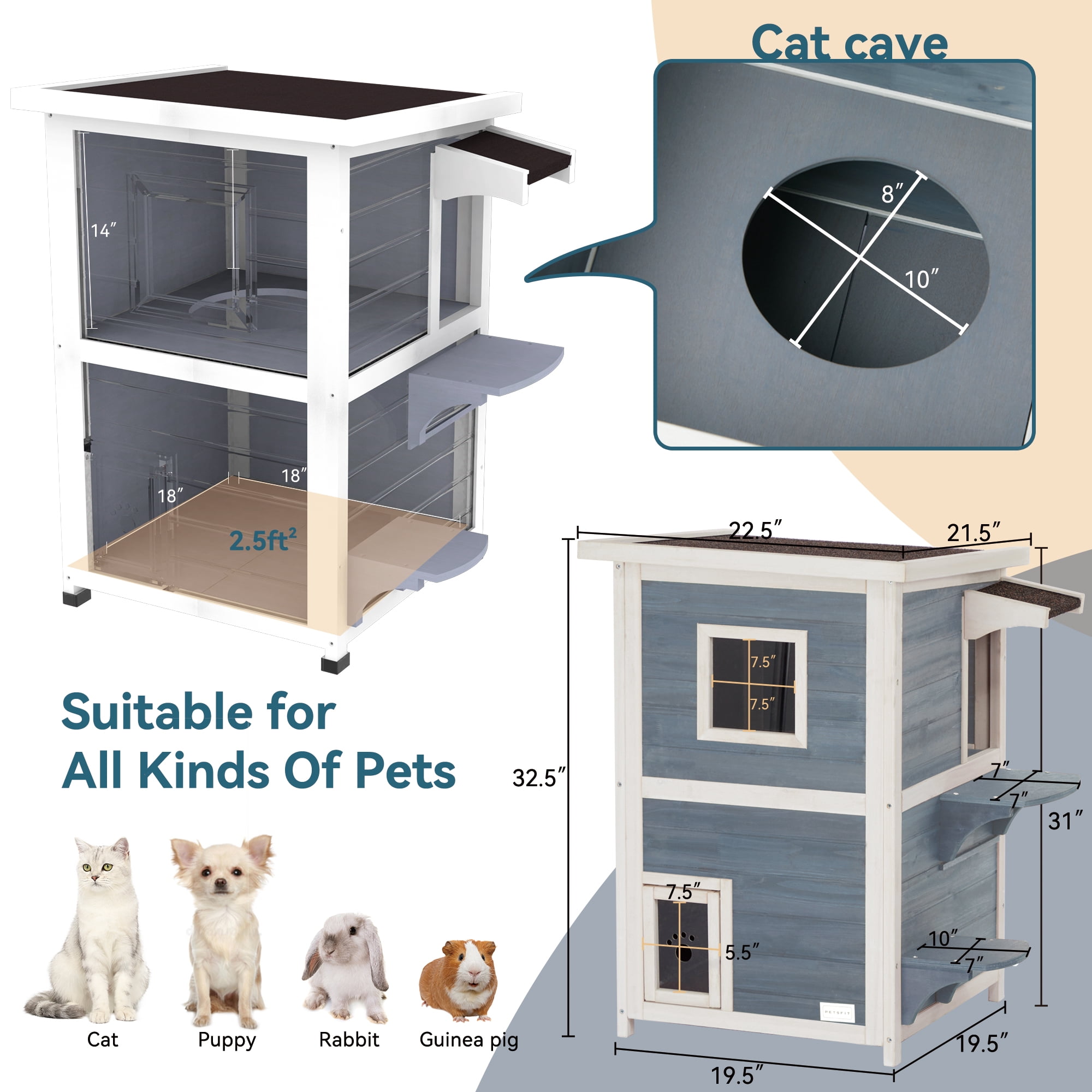 Petsfit 2-Story Weatherproof Outdoor Kitty Cat House/Condo/Shelter with Escape Door Gray