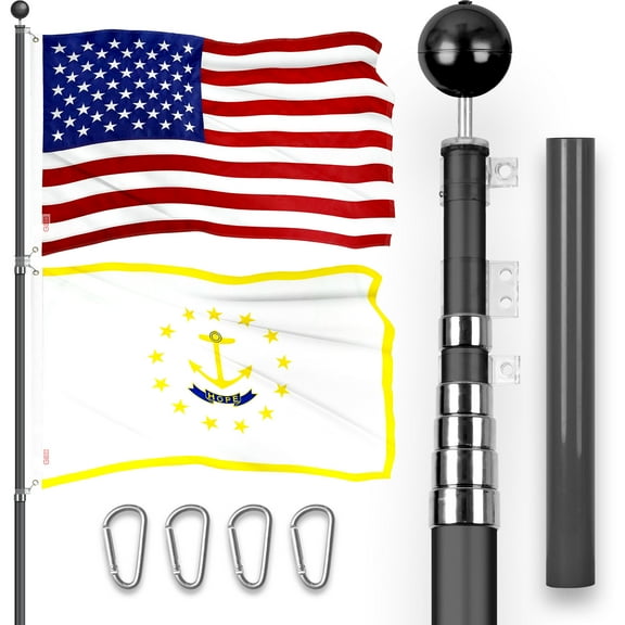 G128 Combo Pack: 25 Ft Telescoping Aluminum Flagpole (Black) & American and Rhode Island Flags 3x5 Ft, Both ToughWeave Series Embroidered Polyester | Pole with Flags Included