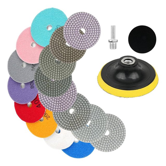 Kit de Pulido de Diamante para Hormigón de 11 Paquetes de 4 Pulgadas, Almohadilla de Pulido de Diamante en Húmedo/Seco de Grano 50-6000 con Disco de Lana, para Mármol