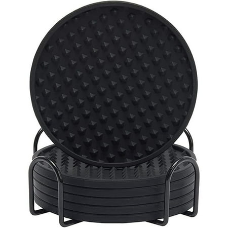 

6Pcs Silicone Coaster Drink Coaster with Holder Coaster Suitable for Bar Desktop Non-(Black)