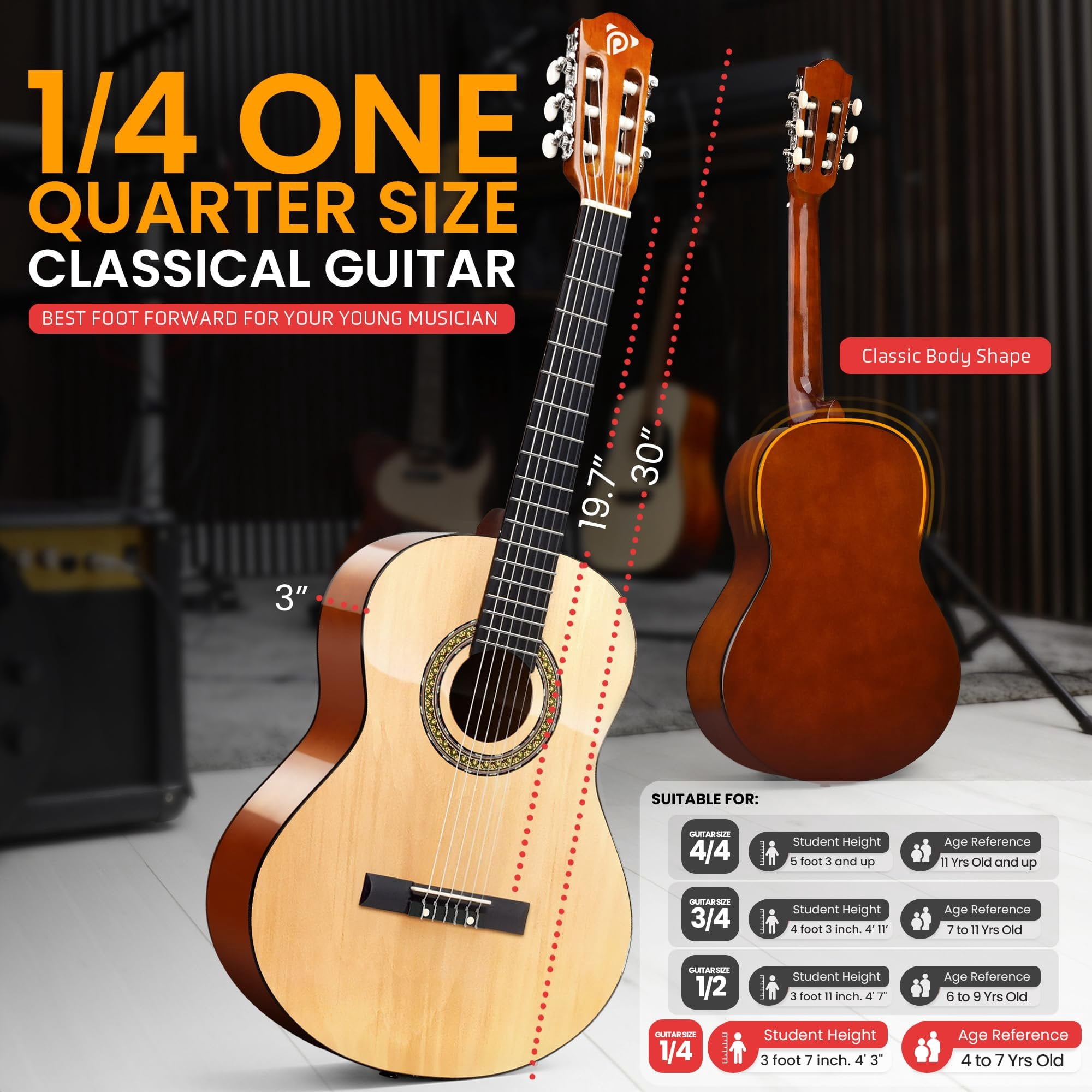 Pyle Beginner Acoustic Guitar Kit, 1/4 Junior Size All Wood Instrument for Kids, Adults, 30" Natural Ash PGACLS30.X9