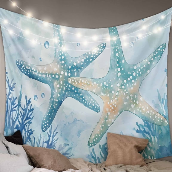 Teal Blue Coastal Tapestry for Bedroom Wall Hanging Tapestry, Summer Ocean Starfish Coral Ceiling Backdrop Tapestries Poster Blanket Wall Decor for Teens Room Living Room Dorm 39" x 59"