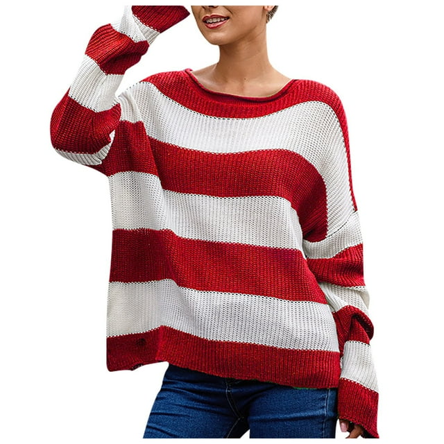 GigrtiJin Womens Oversized Sweater Winter Striped Colorblock Fashion Long Sleeve Sweaters Round Neck Pullover Tops