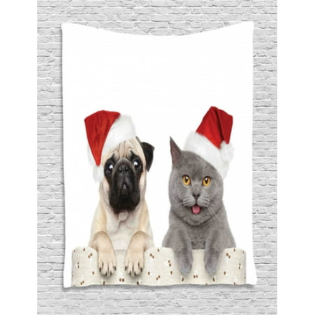Pug Tapestry Christmas Themed Animal Photography With A Cat And Dog Wearing Santa Hats Print Wall Hanging For Bedroom Living Room Dorm Decor Grey