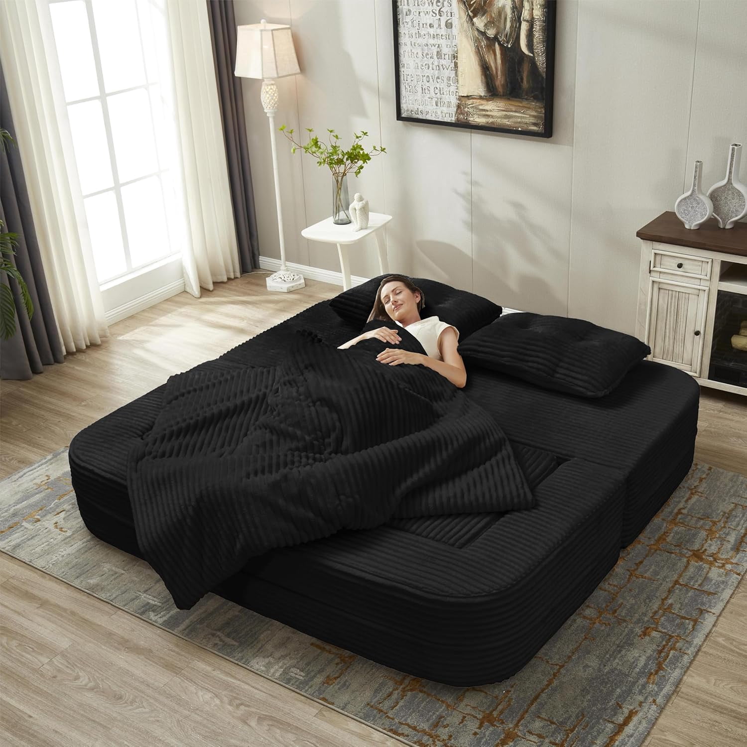 80" Folding Sofa Bed King Sleeper Sofa with Chaise Lounge, 2-in-1 Convertible Corduroy Boneless Couch with Blanket, Modern Loveseat Couches for Living Room, No Assembly Couch, Black
