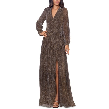 XSCAPE Women's Long Sleeve V Neck Metallic Gown Brown Size 14