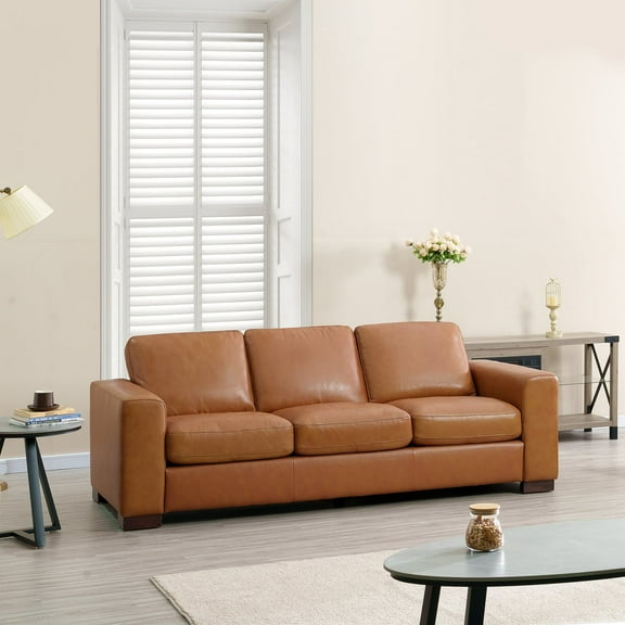 Freya Contemporary Oversized Genuine Leather Sofa by Naomi Home-Color:Tan