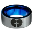 thumbnail image 2 of Tungsten Religious Cross Heart Love Band Ring 8mm Men Women Comfort Fit Blue Flat Cut Brushed Gray Polished, 2 of 4