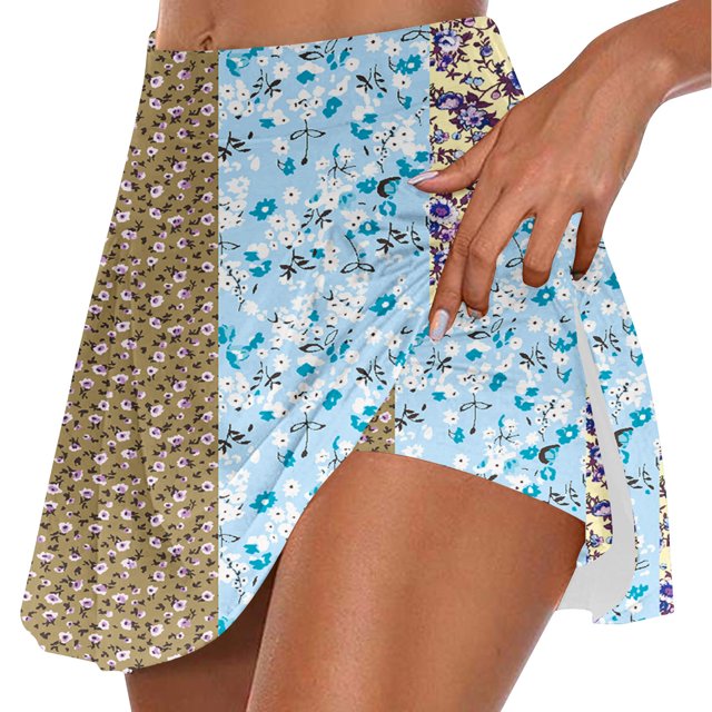 Faldas de Verano para las Mujeres Impresión Hoja Plisado Tenis Atlético Elástico Pantalones Cortos, Falso Dos Piezas Pantalones Falda para Diario