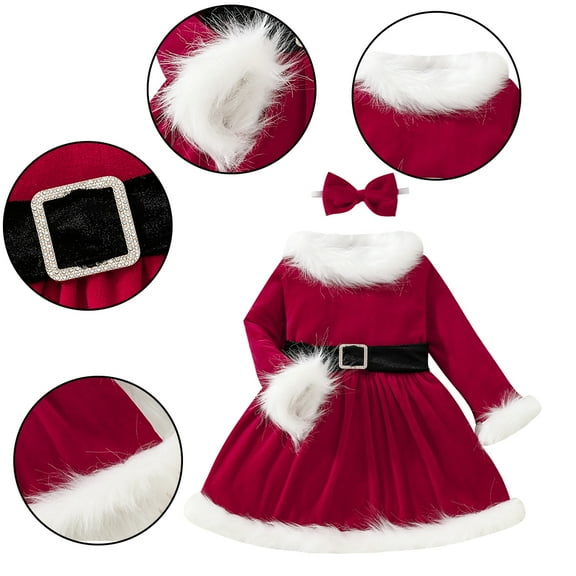 Esaierr 2PCS Newborn Kids Baby Girls Christmas Dress   Bowknot Headband Belt Red Velvet Long Sleeve Autumn Winter Fleece Dress for 18M-6Y